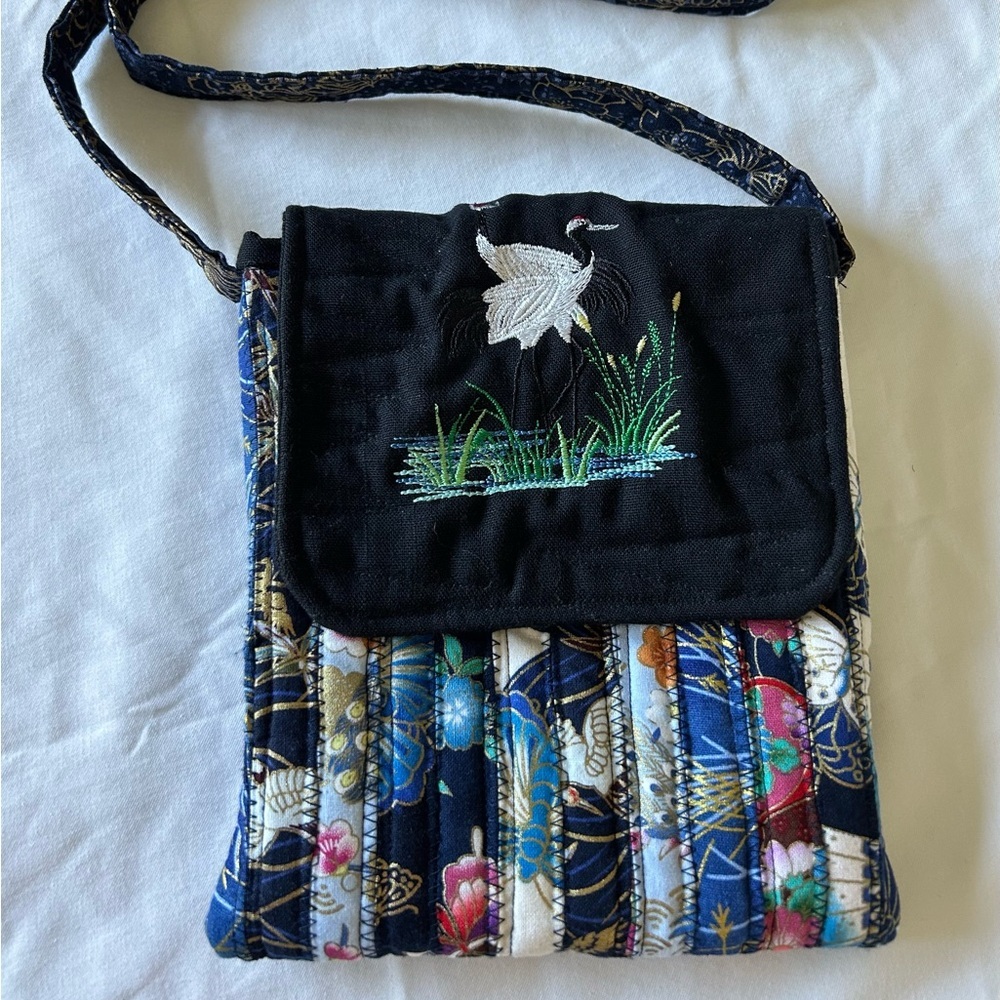 Source Unknown Black and Blue Crossbody with Crane Embroidery